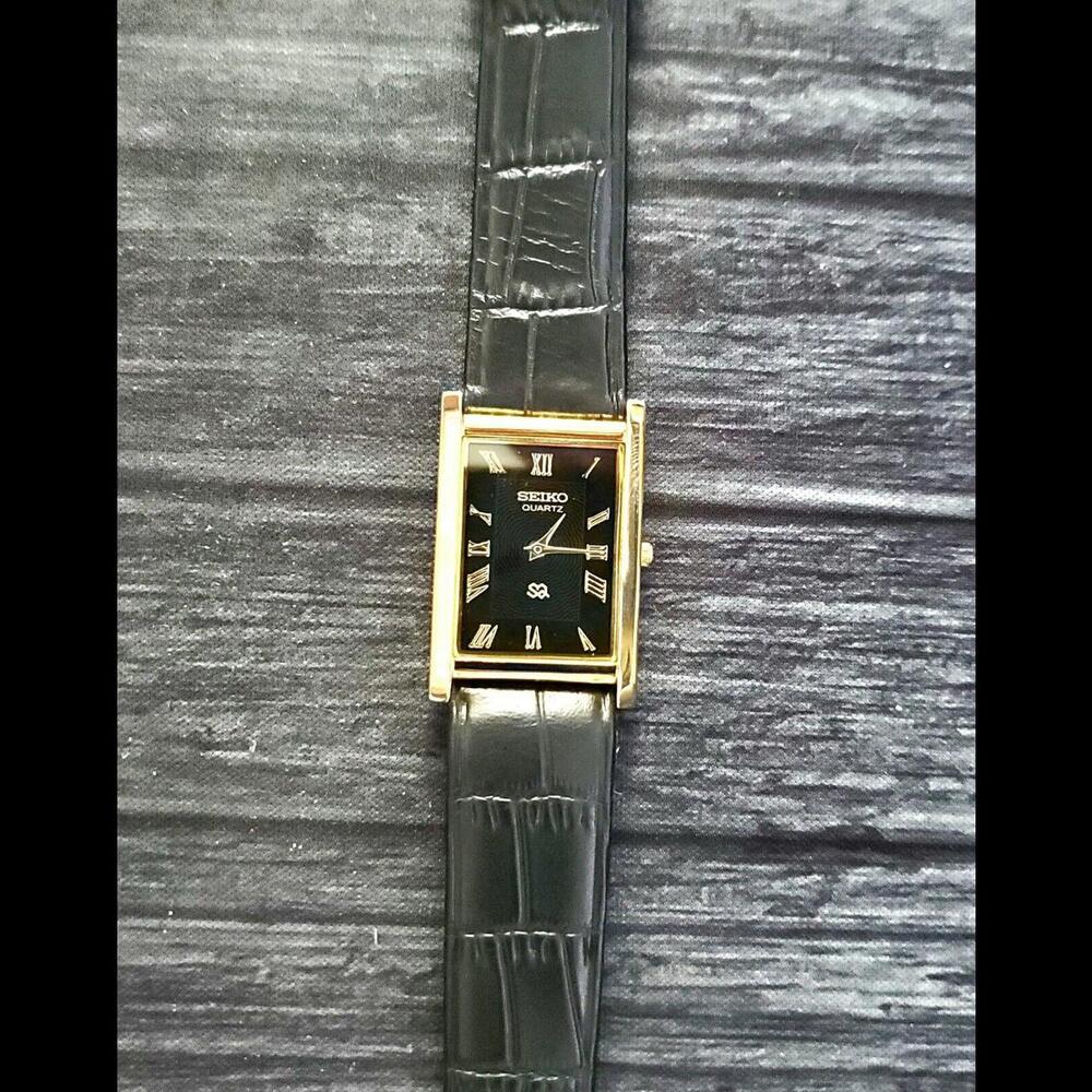 Slim Seiko GOLD Black‎ Dial New Batt & Movt Men's Tank Dress Watch